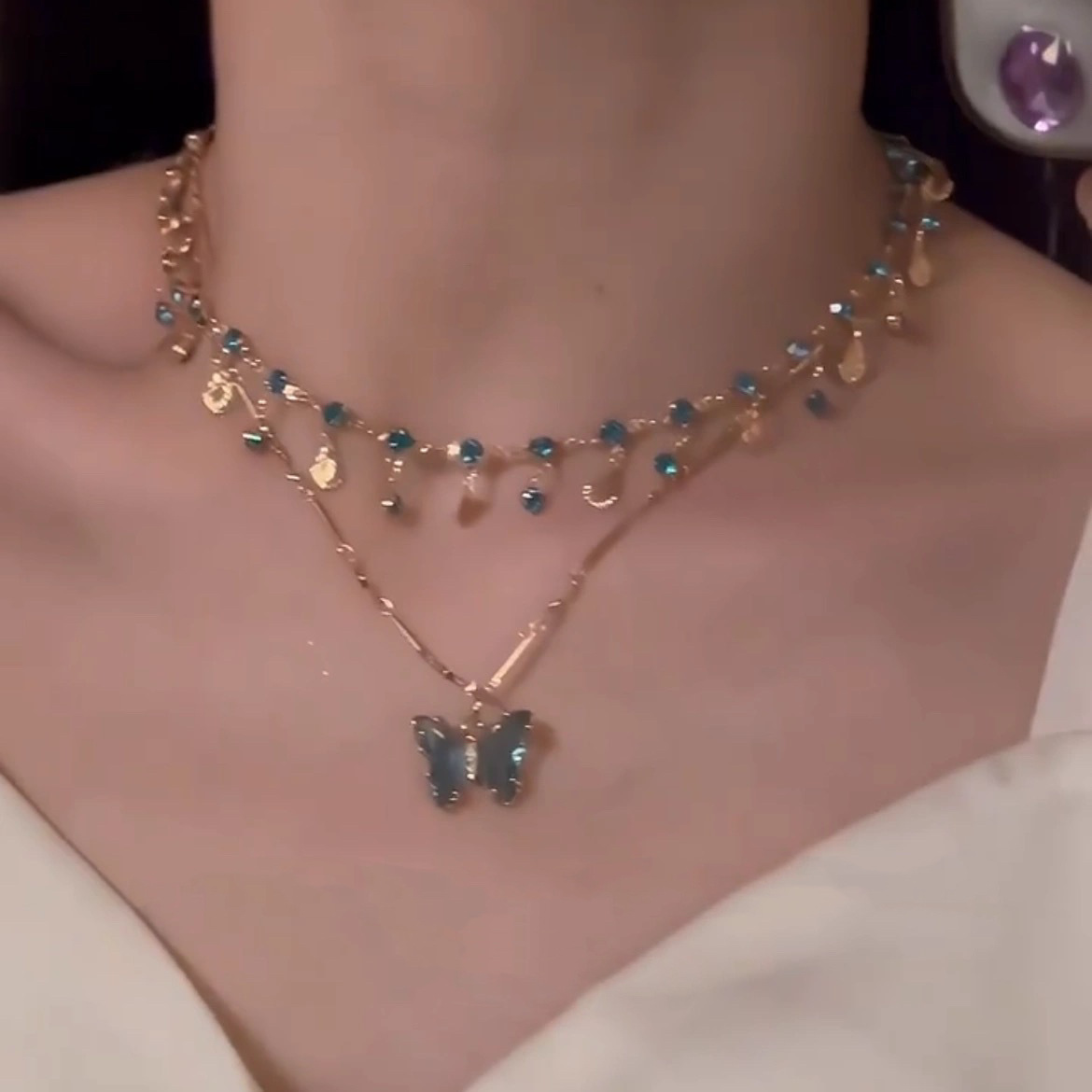 blue butterfly necklace for women 2024 new popular double layer twin clavicle chain accessories women full figure