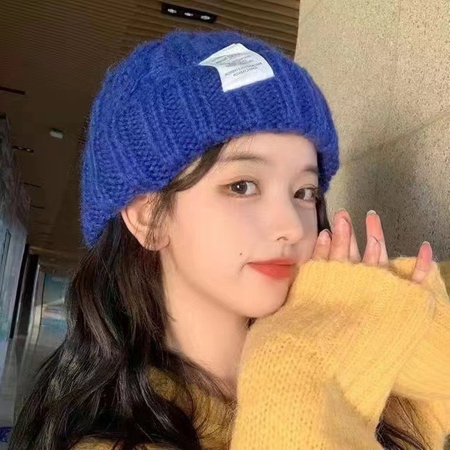 pure color japanese student's hat women's autumn and winter high-looking thick knitted woolen cap all-match loose big head circumference beanie hat details Picture