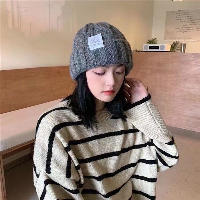 pure color japanese student's hat women's autumn and winter high-looking thick knitted woolen cap all-match loose big head circumference beanie hat Specification drawing
