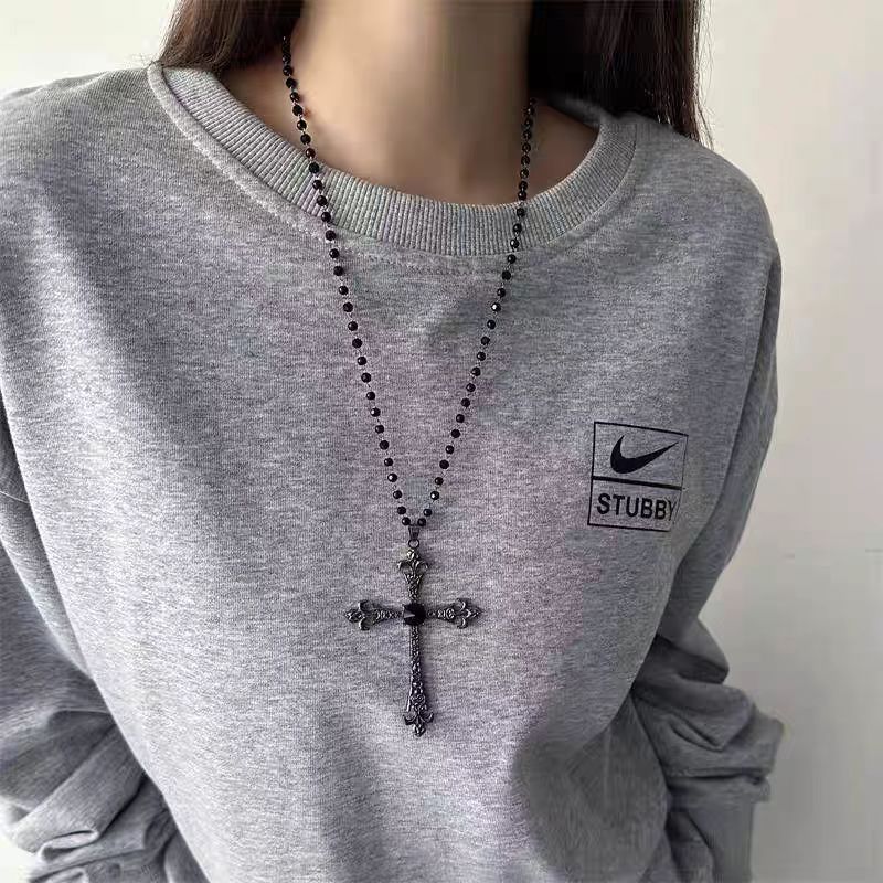 dark cross long hot girl beaded necklace for women 2024 new sweet cool y2 punk necklace sweater chain accessories Specification drawing