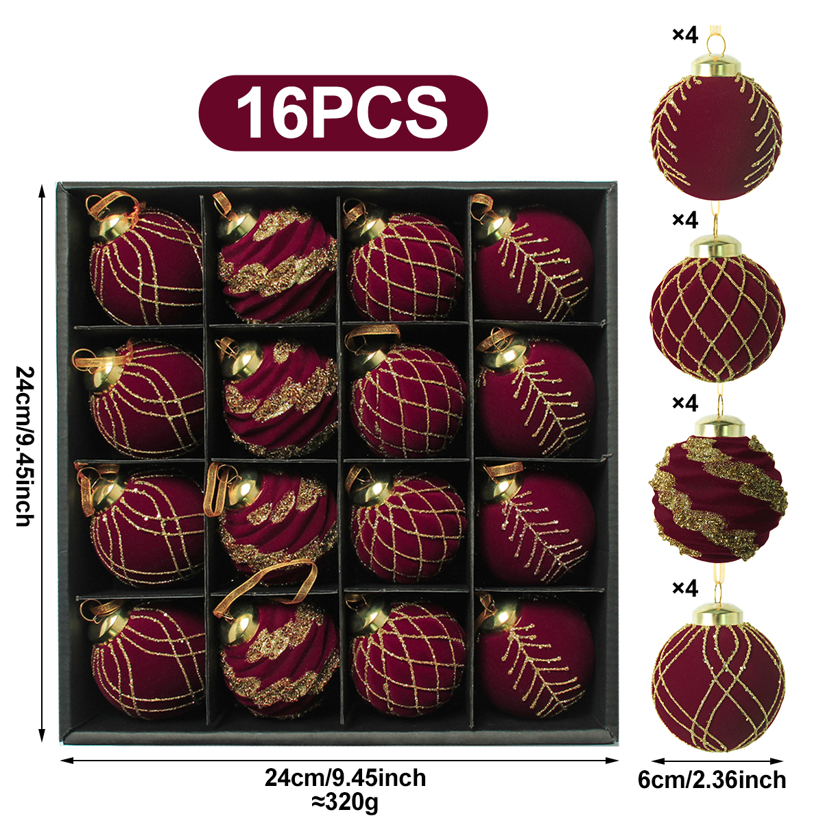 跨境新品圣诞树植绒球套装圣诞树挂件6cm-16pcs圣诞植绒球圣诞节圣诞氛围圣诞树配件