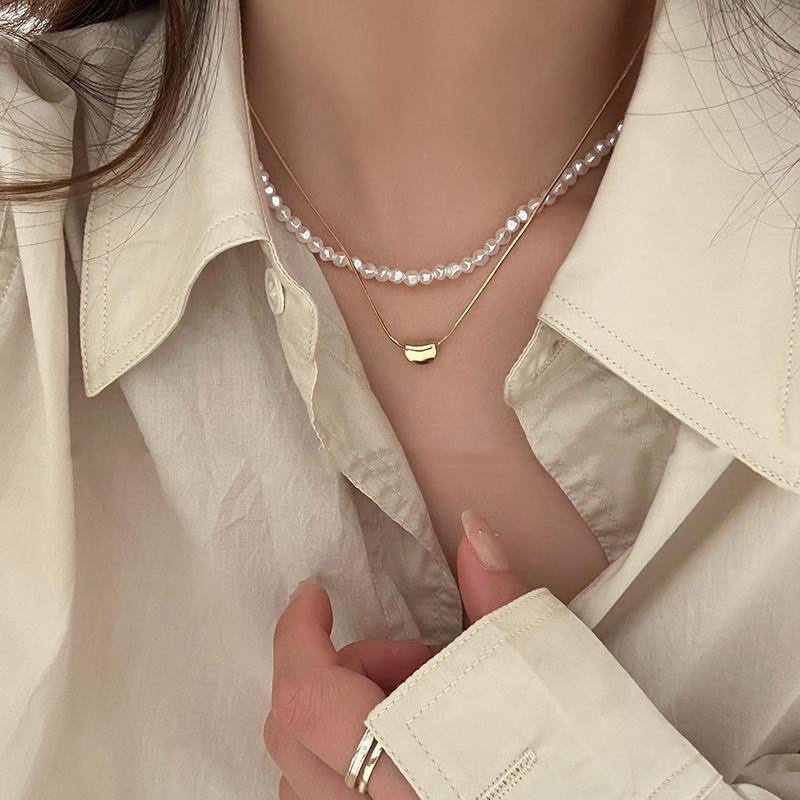 korean style popular double-layer pearl necklace women's light luxury minority high sense twin clavicle chain vintage necklace ornament full figure