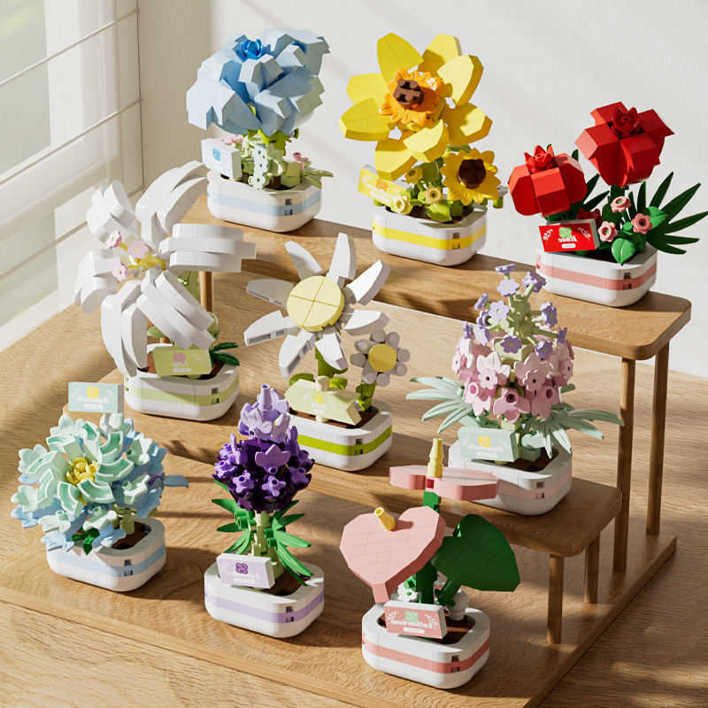 compatible with lego artificial eternal rose sunflower pot sunflower educational building blocks toy decoration gift cross-border details Picture