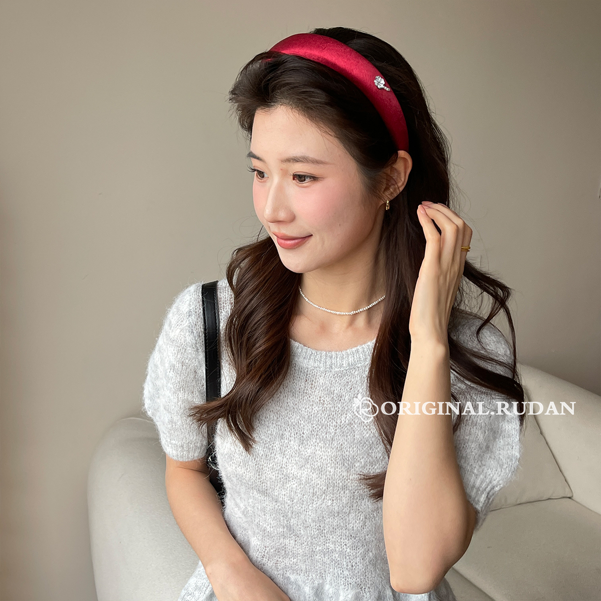 复古红色系珍珠水钻发箍女高级感轻奢百搭发卡日常外戴头箍发饰女