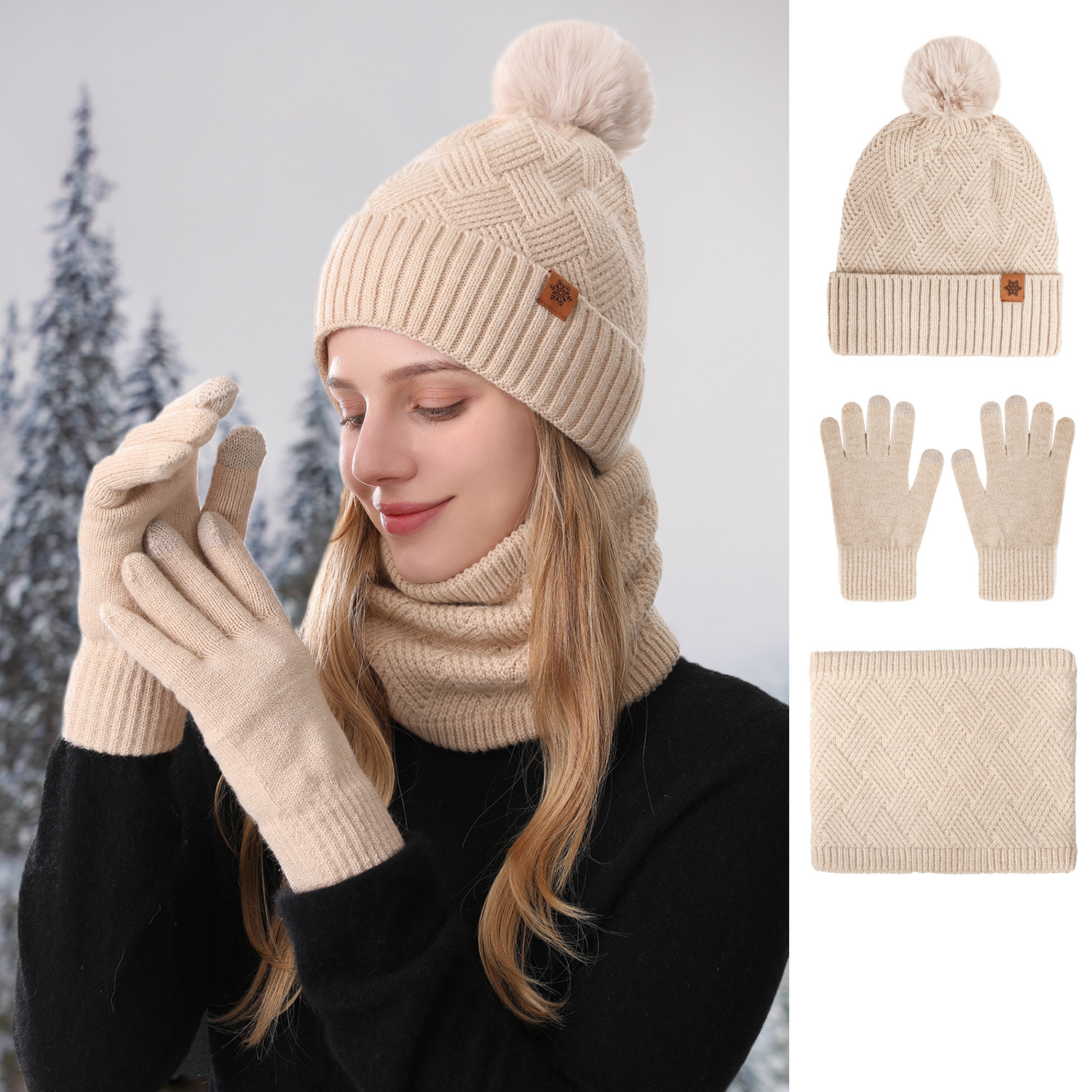 women's knitted hat cold protection in winter double-layer scarf outdoor warm knitted hat scarf gloves three-piece set full figure