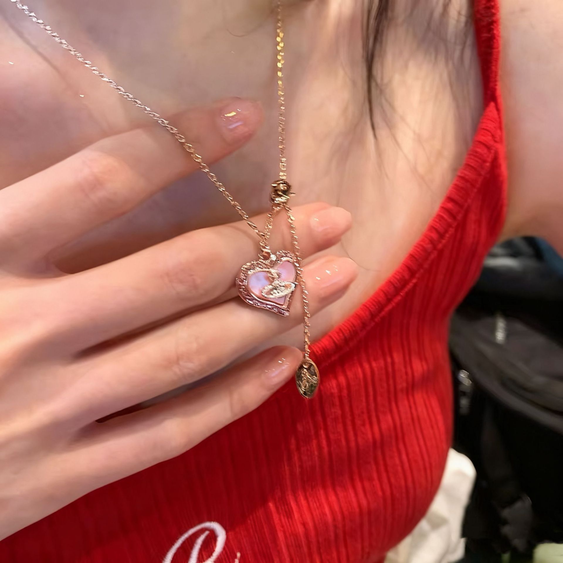 2025 new pearl saturn pendant necklace high-grade pull adjustable autumn and winter titanium steel sweater chain accessories for women Item Picture