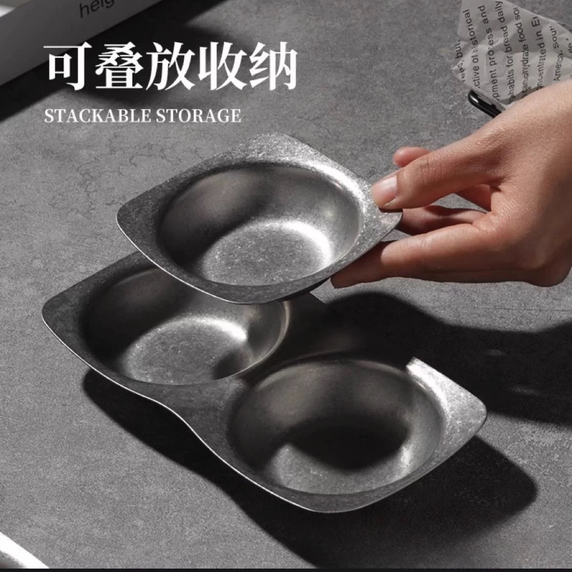 Retro stainless steel tableware, aged and flanged Korean barbecue flavor plates, one, two and three sauce-flavored plates Specification image