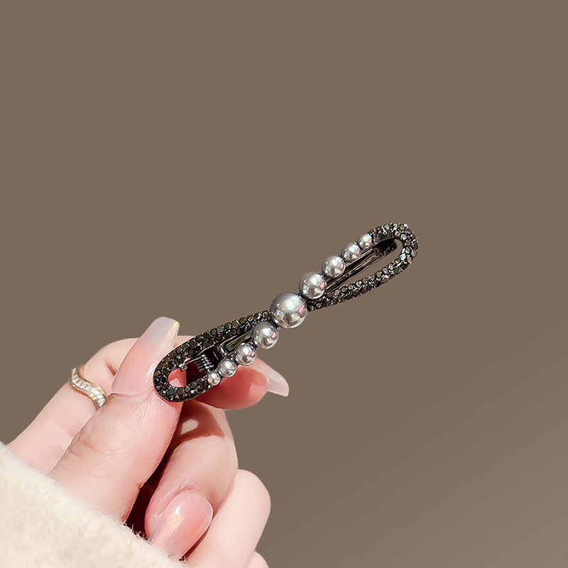 elegant pearl hairpin female black bow metal barrettes high sense side clip bang clip simple duckbill clip details Picture