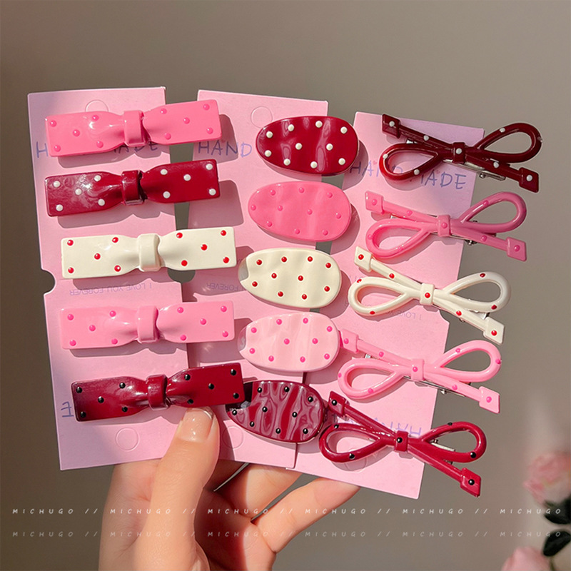 sweet polka dot bow oval barrettes female forehead side bang clip broken hair duckbill clip children's hairpin headdress details Picture