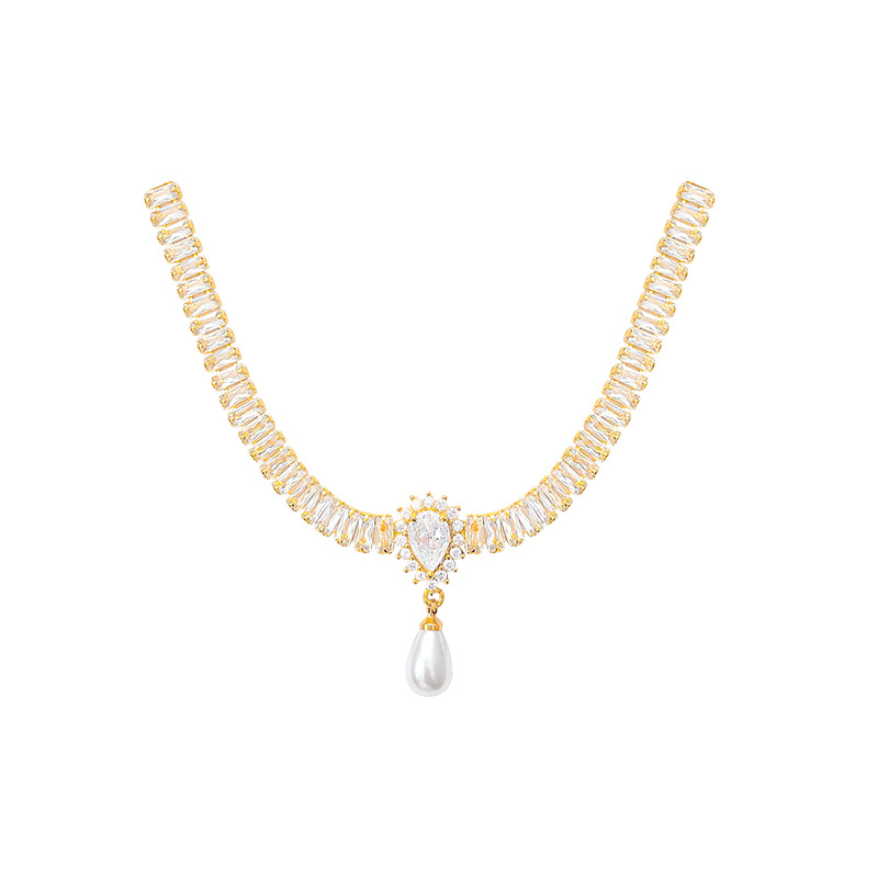 french entry lux zircon pearl necklace women's high-grade retro minority water drop pendant clavicle chain hot sale ornament Item Picture