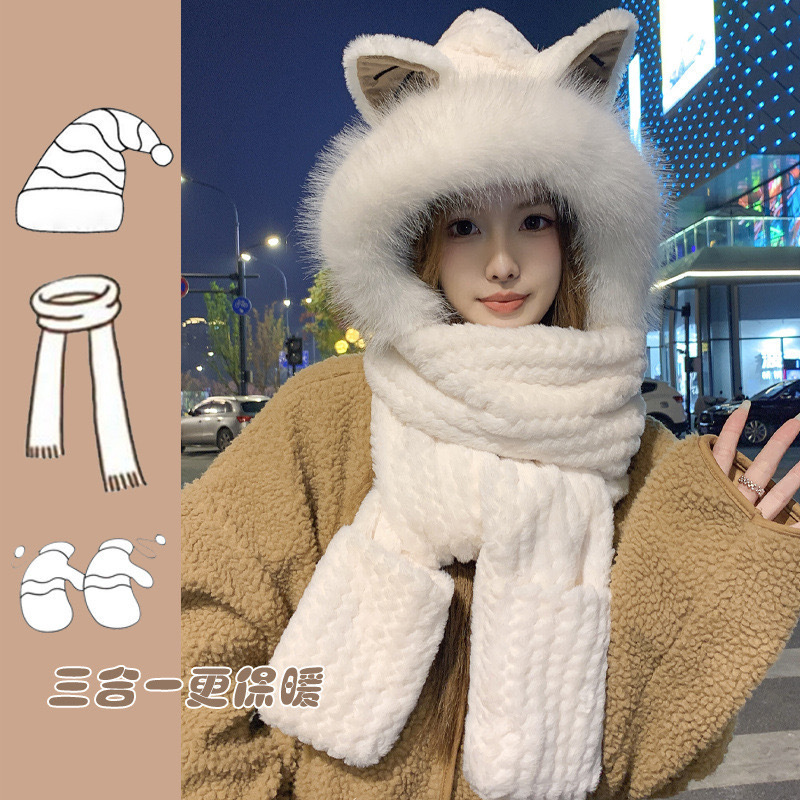 korean style hat women's autumn and winter hat scarf three-piece set cute rabbit ears all-matching thick warm scarf three-piece set Application Scenario