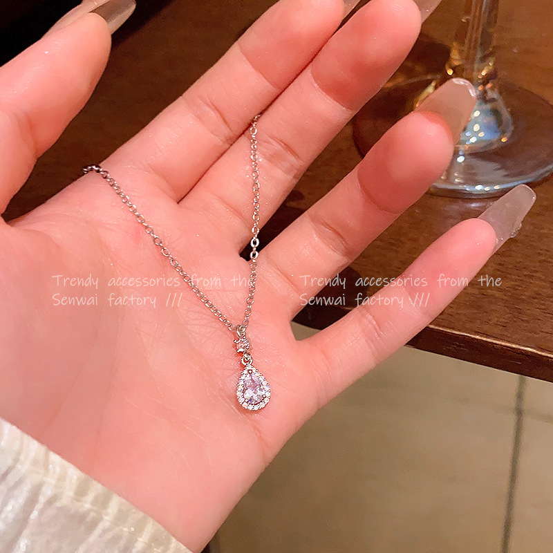 zircon water drops pendant titanium steel necklace women's exquisite light luxury high-grade clavicle chain minority all-match hot sale ornament full figure