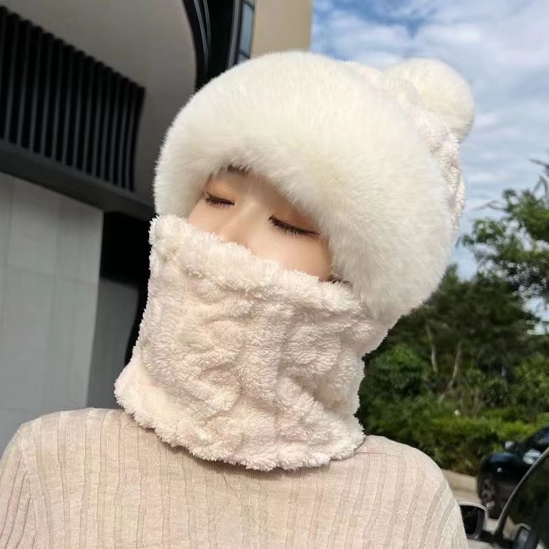 hat scarf integrated female winter 2025 new fleece-lined thickened windproof cycling cold-proof electric car warm pullover cap details Picture