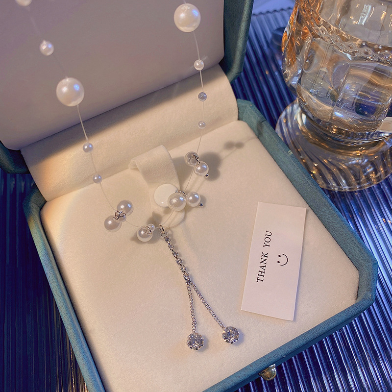 european and american super fairy zircon tassel necklace women's high sense vintage pearl fishing line clavicle chain all-match hot girl jewelry Specification drawing