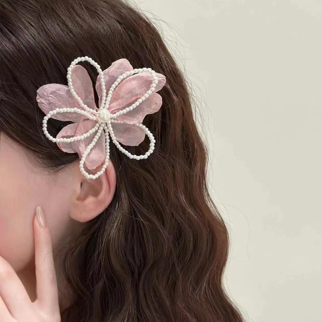 gentle sweet beige net yarn flowers barrettes 2024 new hair pin elegant pearl duckbill clip side clip headdress full figure