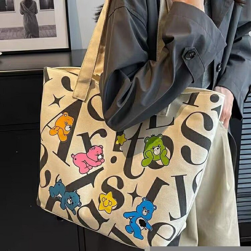 student's canvas bag women's large capacity tote commuter bag all-matching printed mummy bag portable shoulder bag shopping bag women details Picture