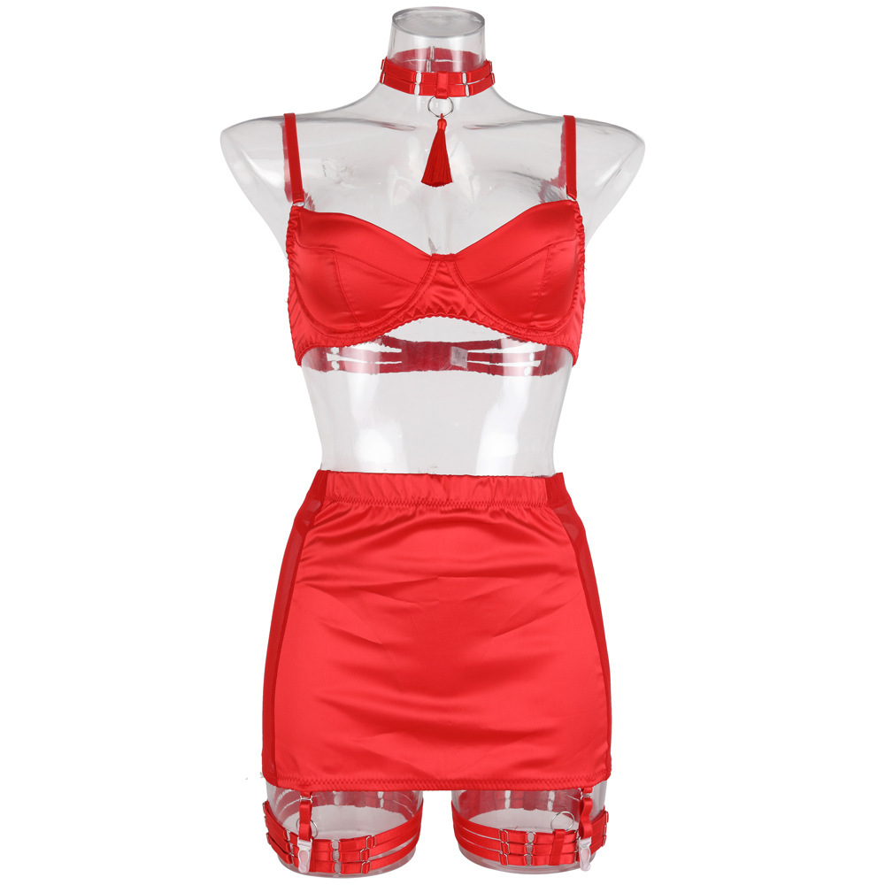 new factory direct sales satin stitching mesh see-through hip tassel women's fashion sexy lingerie five-piece set Specification drawing