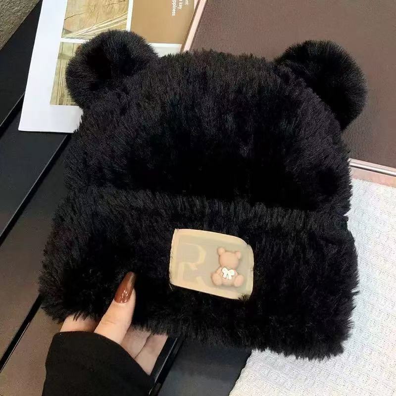 winter new women's plush earflaps warm thickened knitting hat cute bear face small big head circumference pile heap cap Item Picture