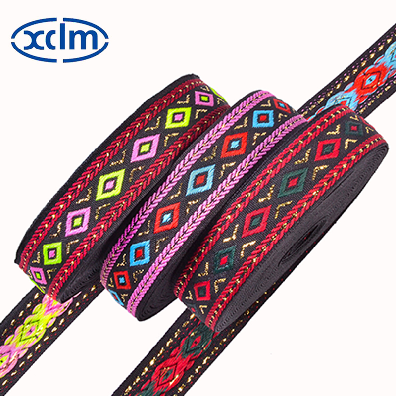 In stock: Polyester ethnic belt, diamond-shaped gold and silver thread woven belt, clothing accessories and decorations, 2cm hemmed jacquard woven belt, shoes and hats pic 2