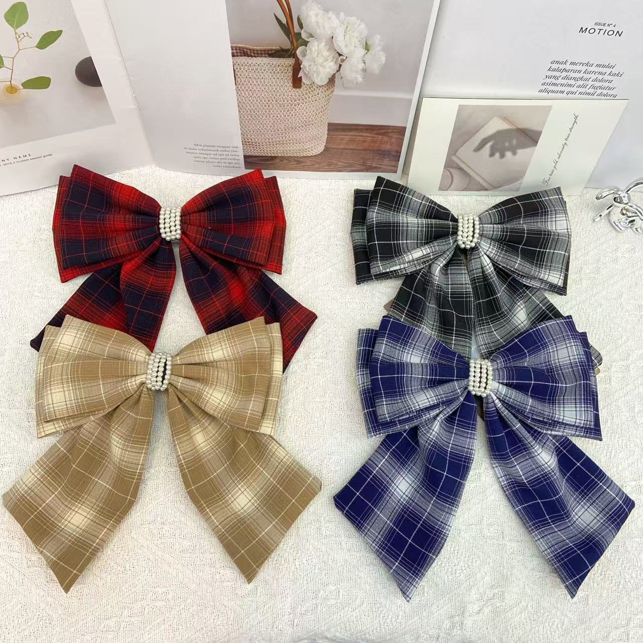 格纹蝴蝶结发饰，格纹学院风蝴蝶结钢夹