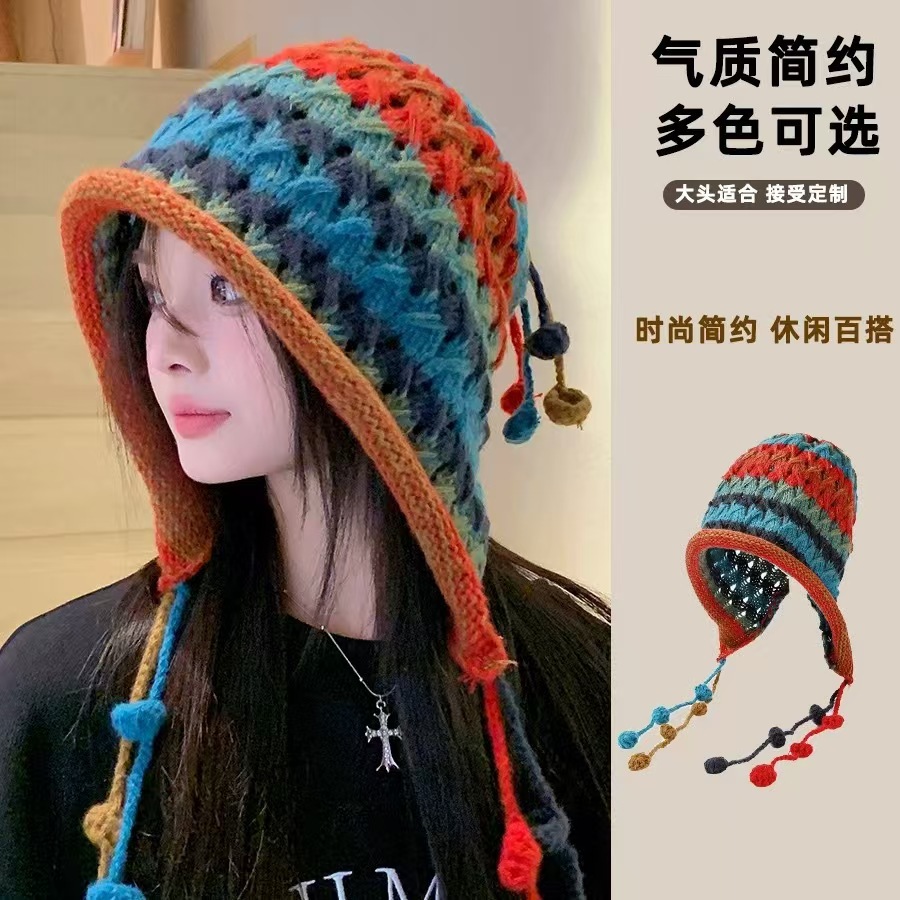 日系时尚百搭护耳毛线帽女彩色球球流苏手工针织帽秋冬保暖包头帽