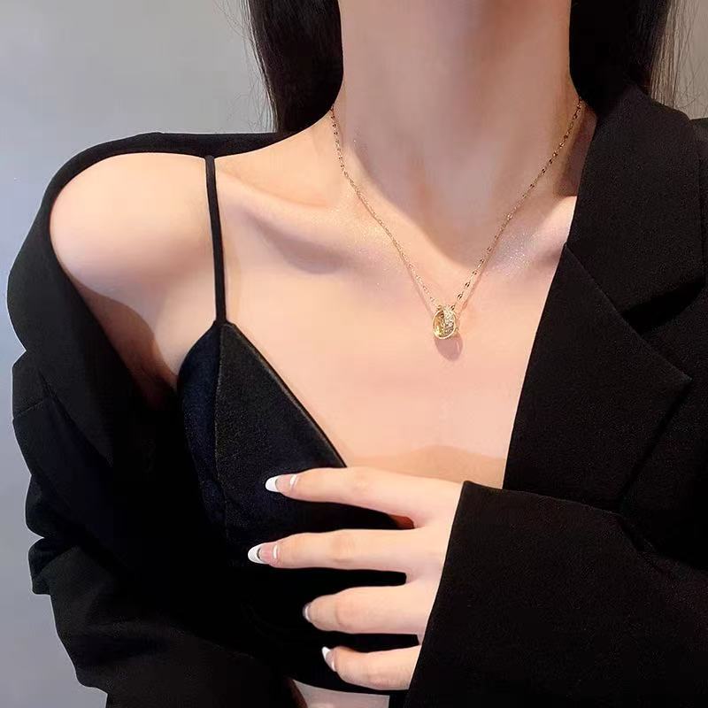 铜镀真金吊坠时尚轻奢满锆四排双环项链小众简约高级感配饰工厂价