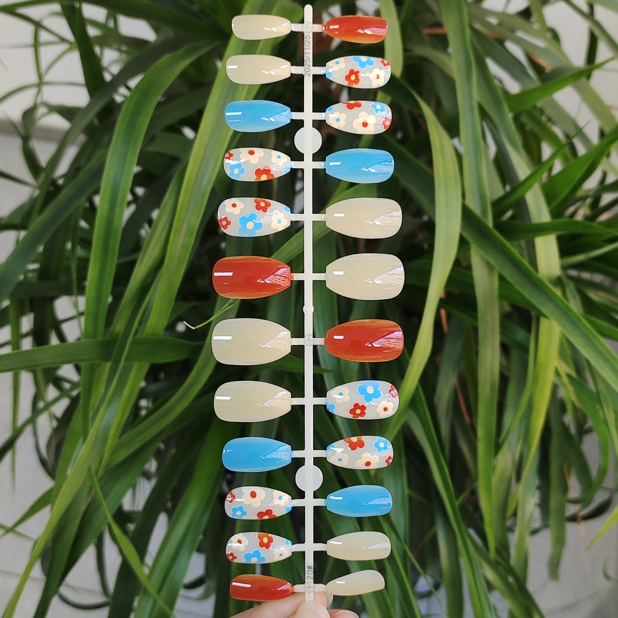 24 PCS PRESS ON NAIL TIPS COFFIN SHAPE PRINTING CRAFT WITH FLOWERS PATTERN full figure