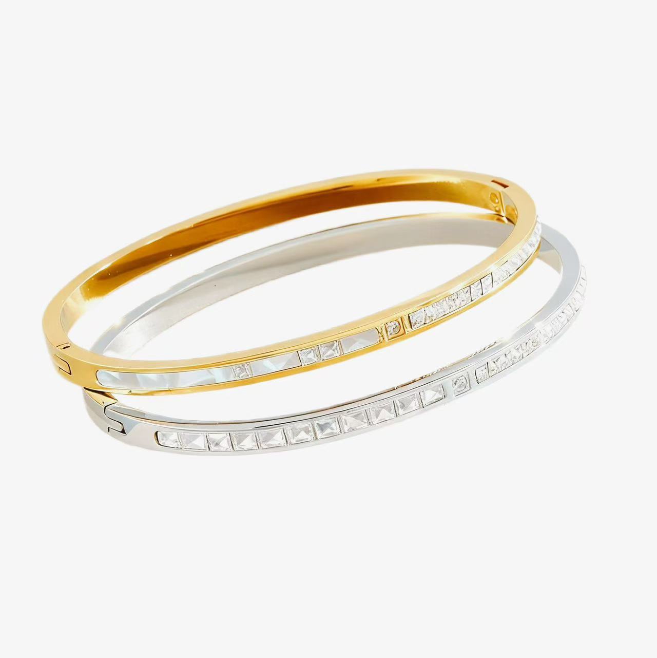 法式方钻卡扣不锈钢手镯女款白贝精致时尚单品送闺蜜手饰配饰批发