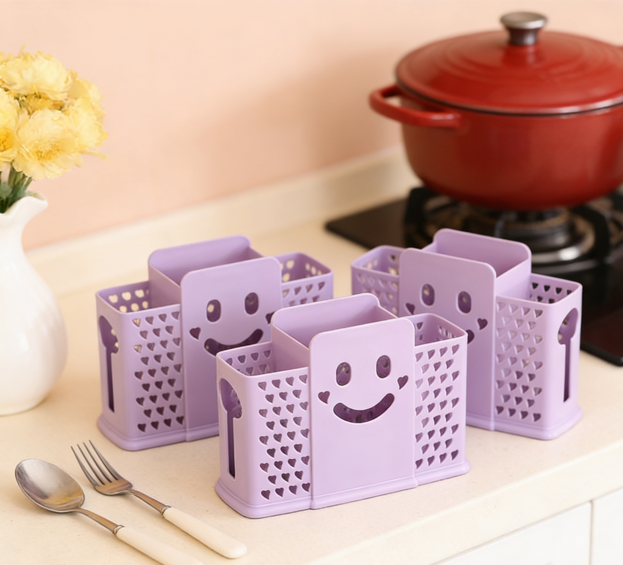 Smiling face 筷笼 multi-functional chopstick holder, plastic chopstick rest, draining household tableware storage rack, chopstick and spoon storage box details Picture
