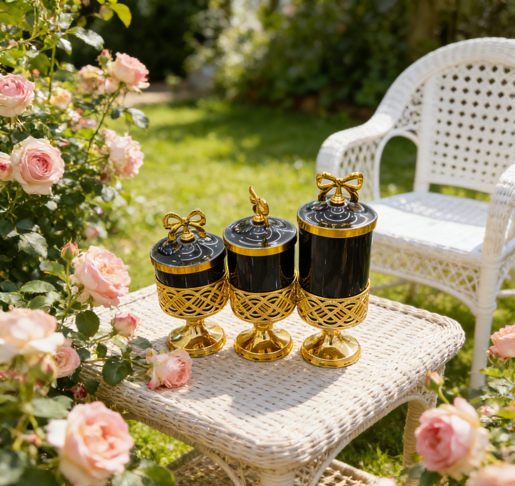 European-style light luxury high-legged fruit box, living room desktop decoration storage jar, court-style black gold fruit box three-piece set, living room coffee table decoration storage jar