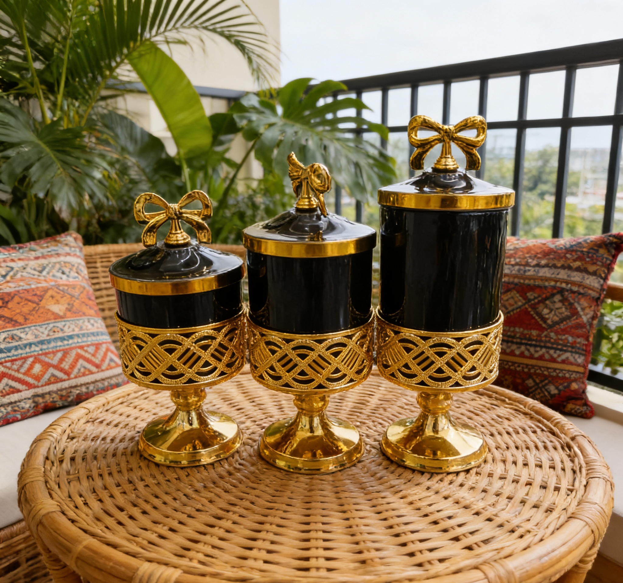 European-style light luxury high-legged fruit box, living room desktop decoration storage jar, court-style black gold fruit box three-piece set, living room coffee table decoration storage jar Specification image
