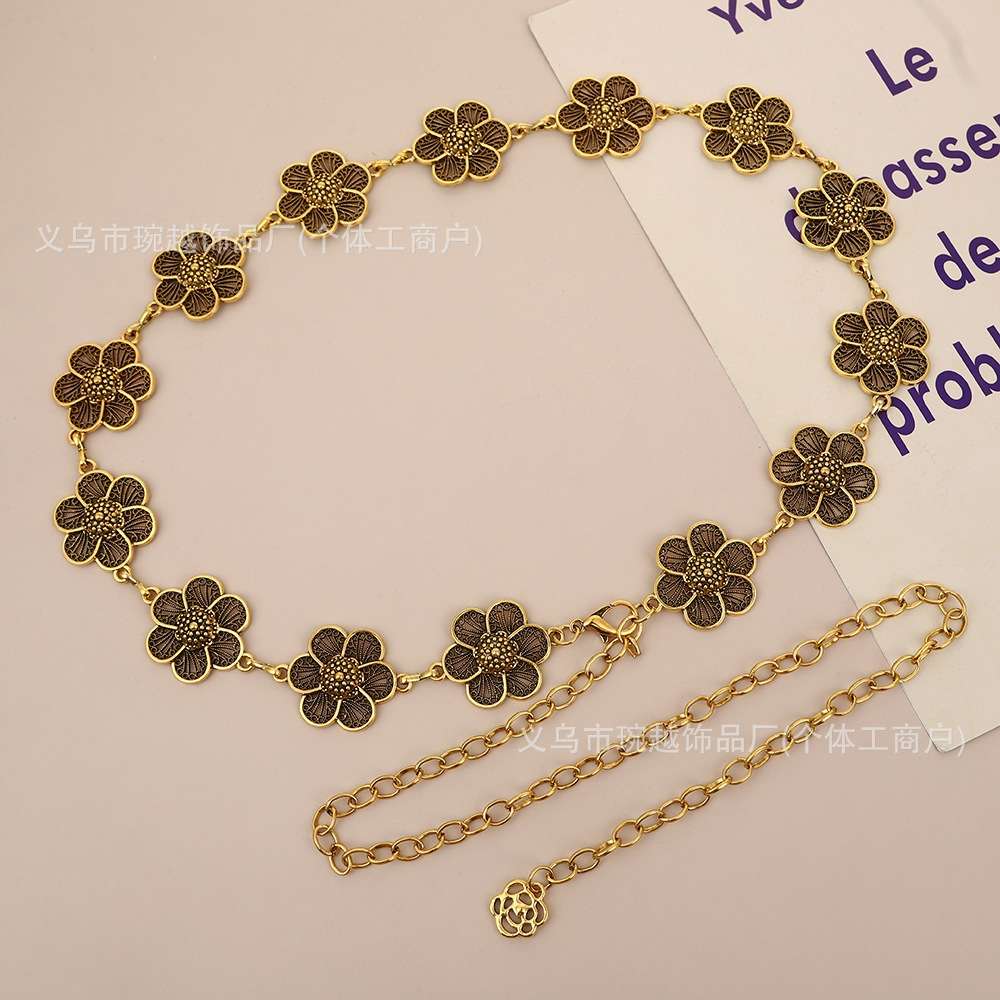 小花朵型腰链女士装饰细腰带简约配连衣裙银色民族风铁链时尚裙带详情图5