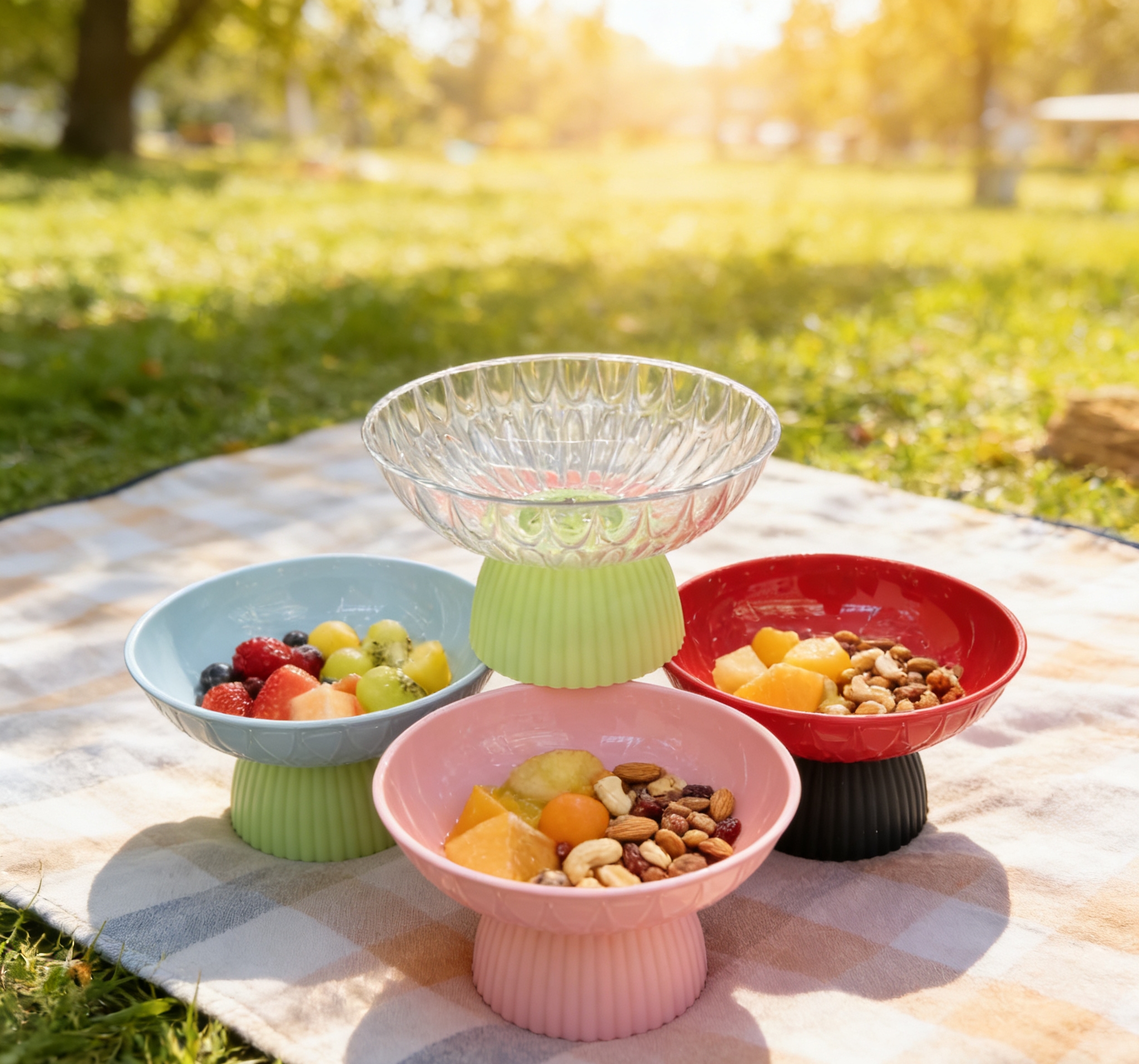 Color-blocking high-legged fruit platter set for living room coffee table, fruit and snack platter, creative pastry platter Application Scenario