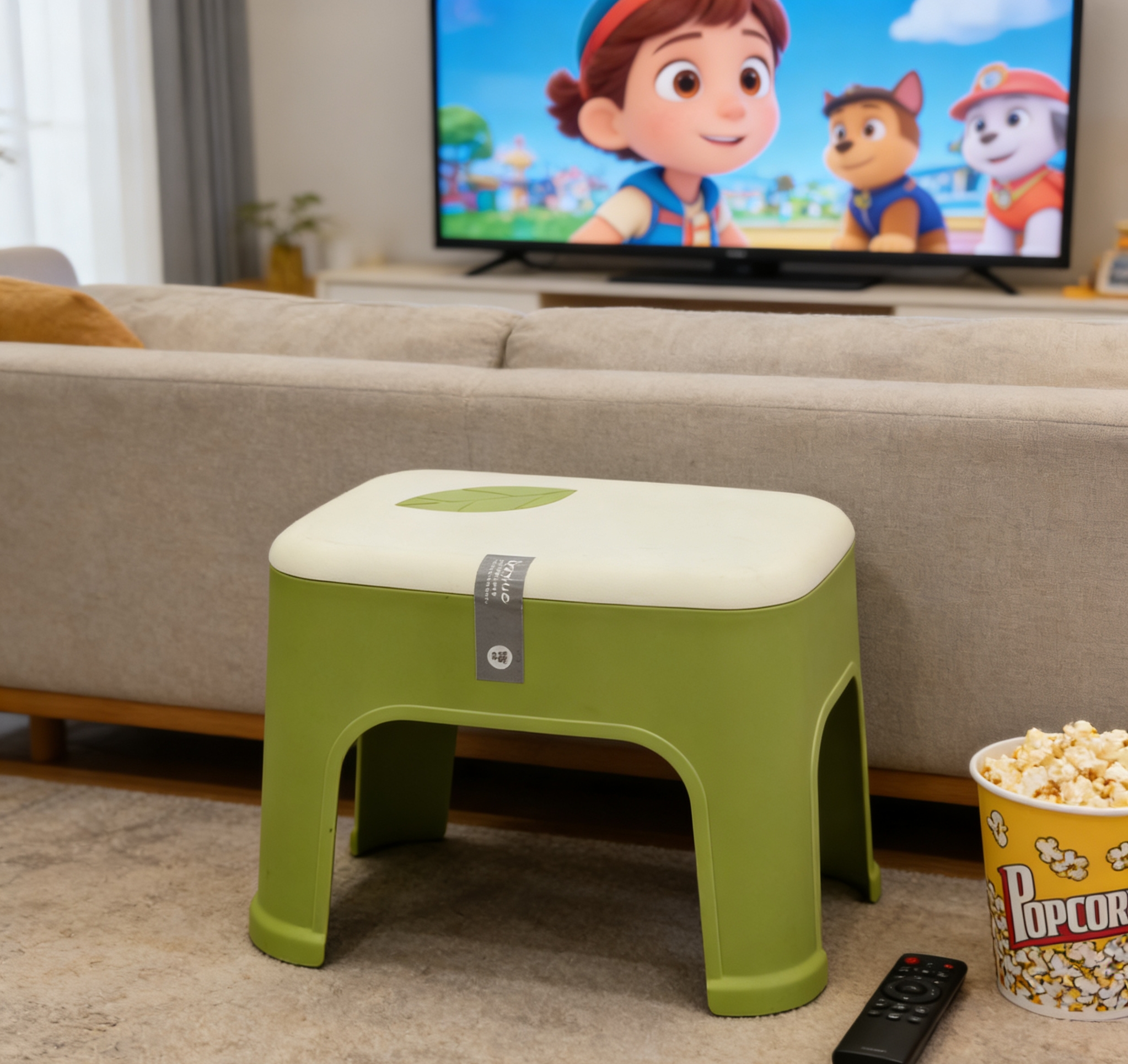 Creative green leaf plastic small square stool, home anti-slip seat cushion, children's small stool, cartoon green leaf plastic small stool, home children's anti-slip shoe-changing stool, bathroom low stool Application Scenario