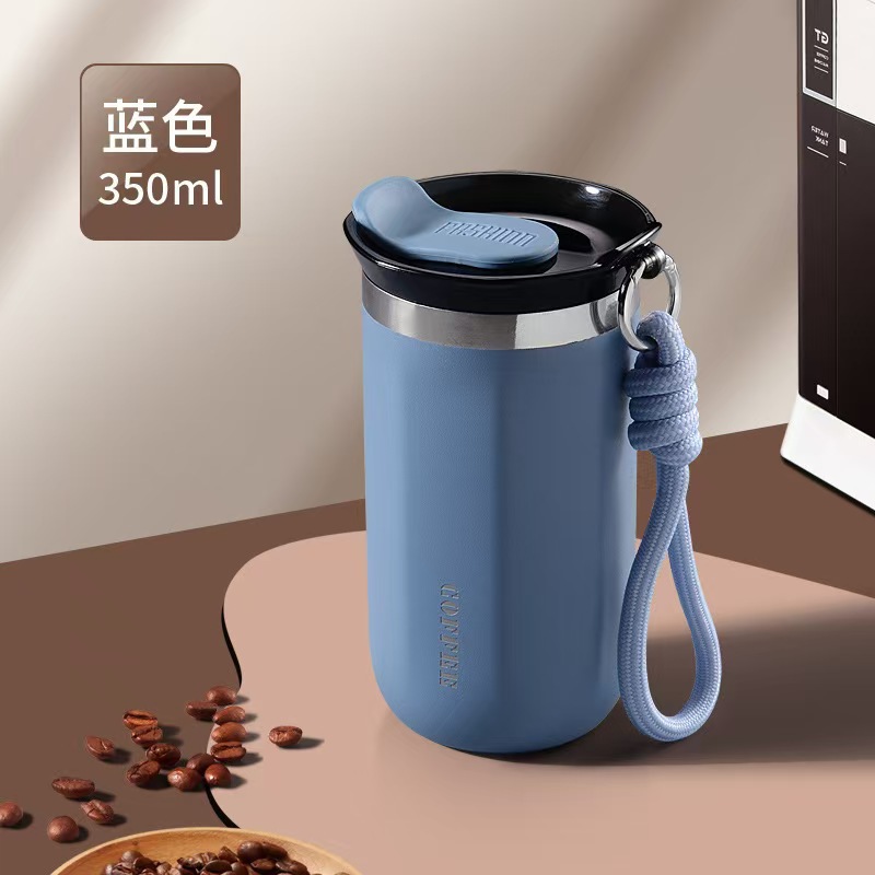 double-layer vacuum rope holding coffee cup 304 stainless steel vacuum cup outdoor portable sports kettle solid color water cup full figure