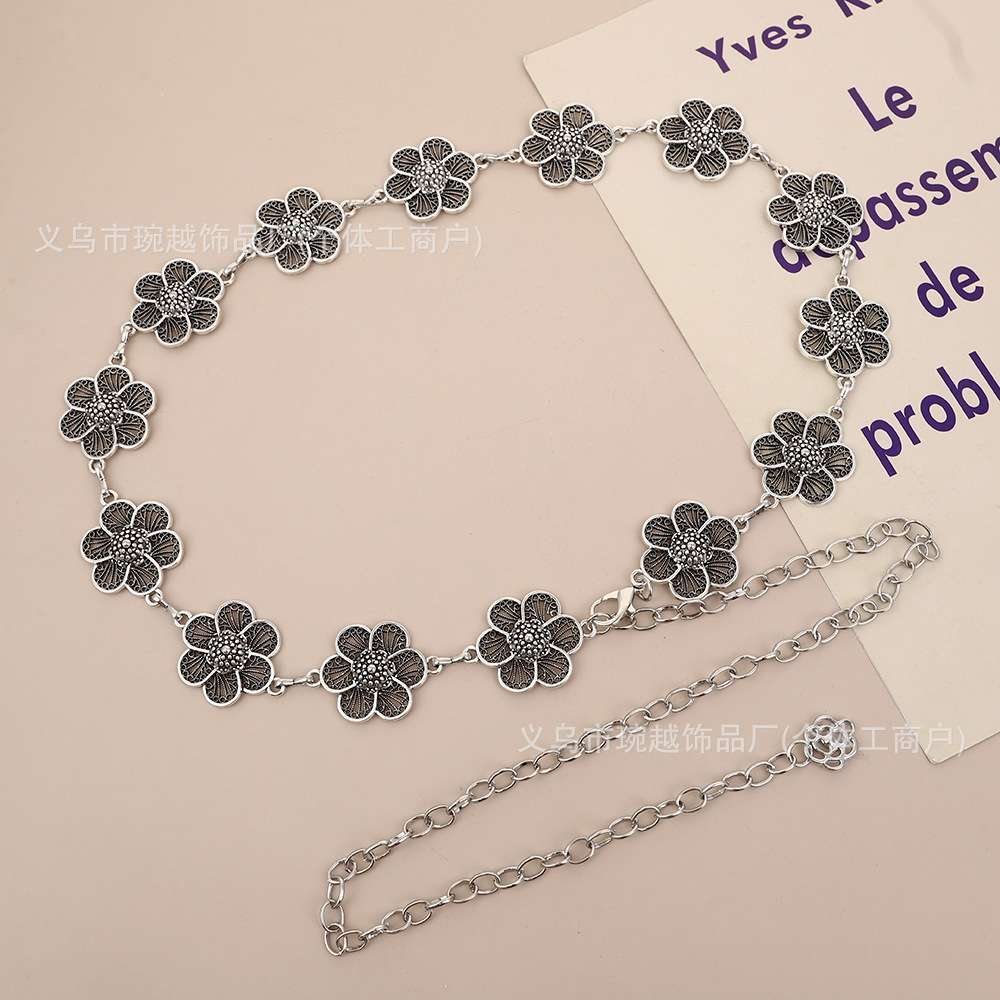 小花朵型腰链女士装饰细腰带简约配连衣裙银色民族风铁链时尚裙带产品图