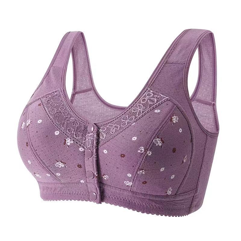 spring and summer plus size middle-aged and elderly underwear pure cotton wireless bra front row buttons lace trim printed vest bra Specification drawing