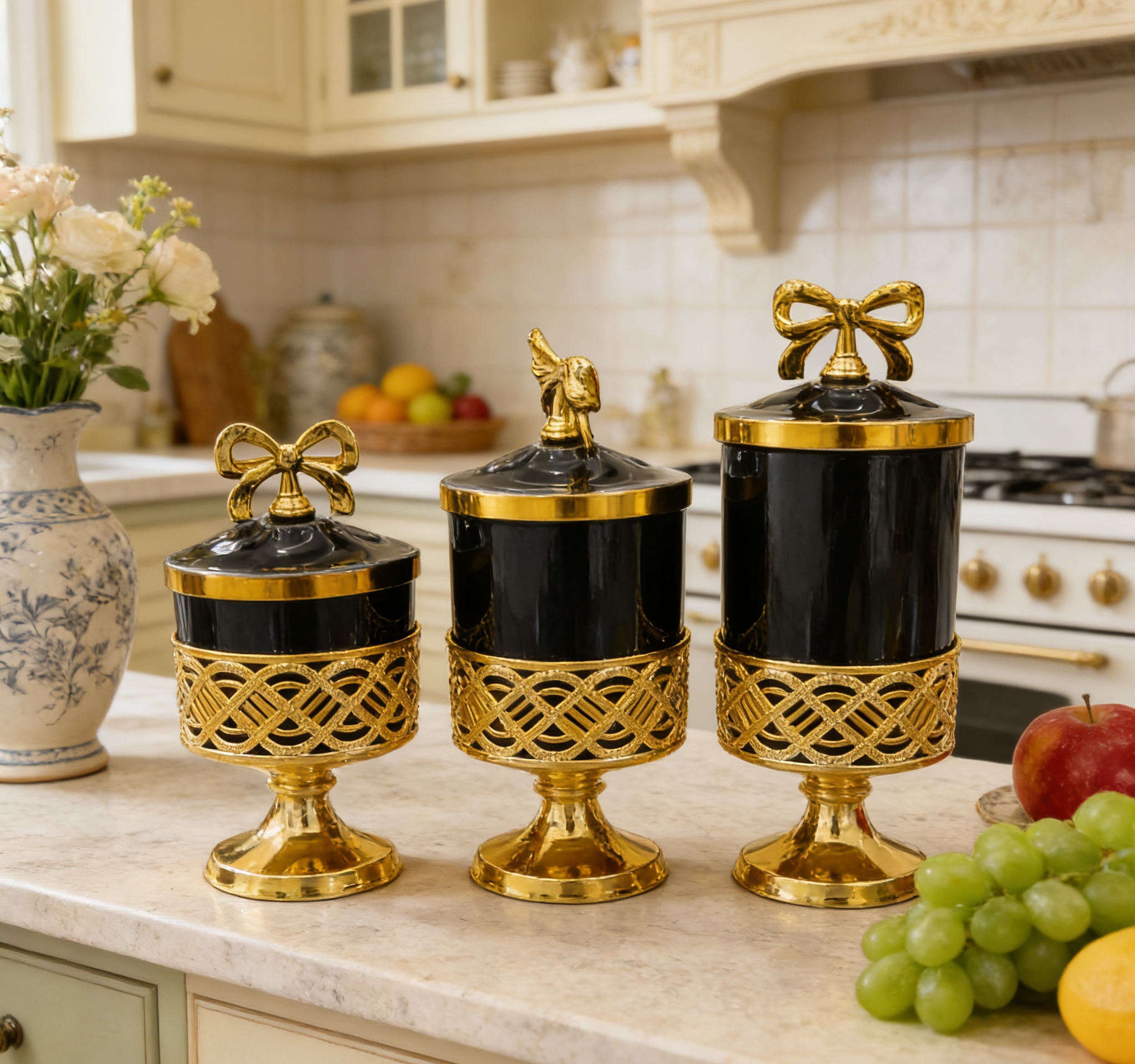European-style light luxury high-legged fruit box, living room desktop decoration storage jar, court-style black gold fruit box three-piece set, living room coffee table decoration storage jar Item Picture