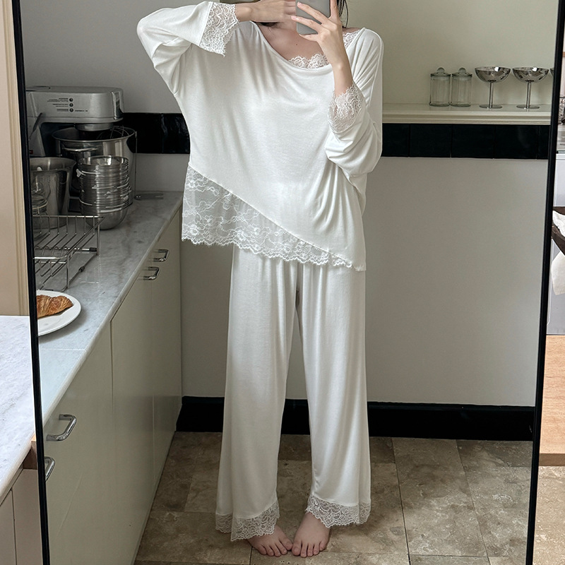 yellow off-shoulder pure desire style lace stitching korean pajamas modal loose oversized long sleeves homewear Application Scenario