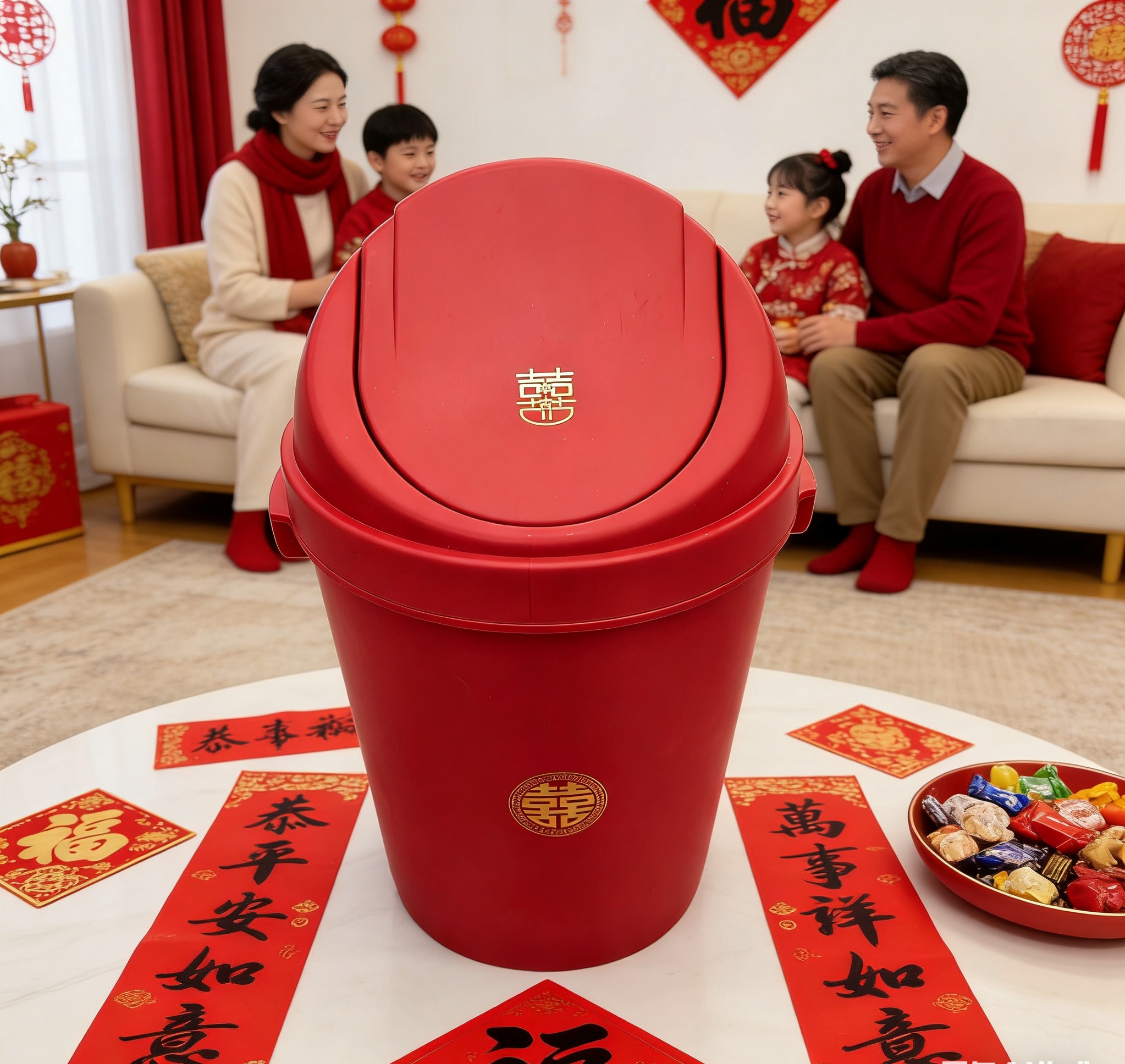 Wedding special double happiness character trash can, red with lid, living room and bedroom garbage storage bin, dowry bin Application Scenario