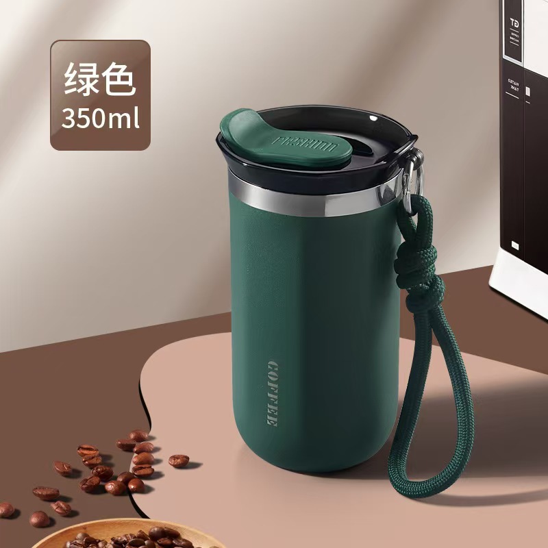 double-layer vacuum rope holding coffee cup 304 stainless steel vacuum cup outdoor portable sports kettle solid color water cup Item Picture