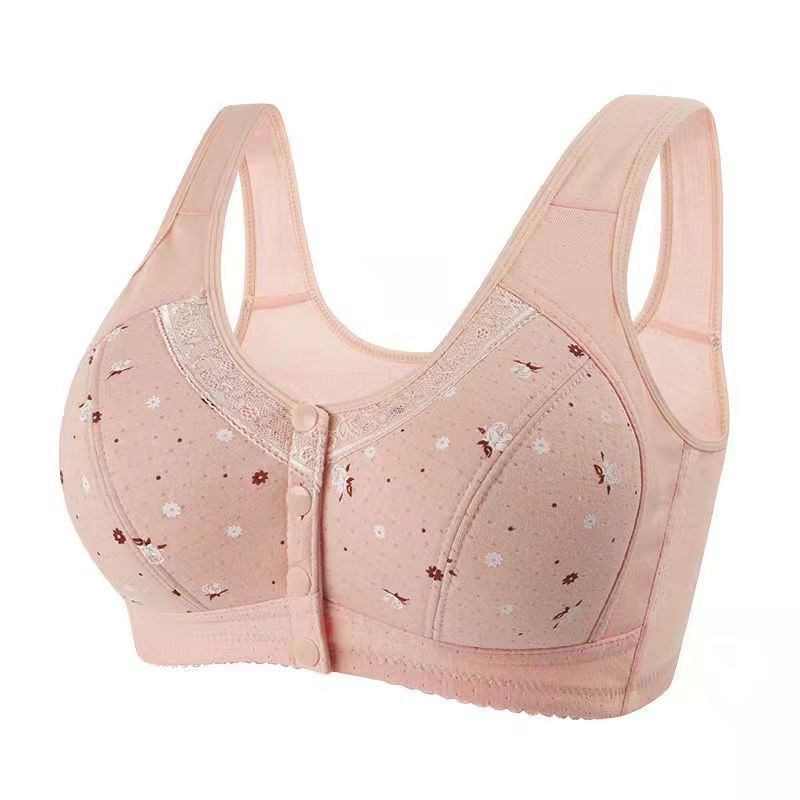 spring and summer plus size middle-aged and elderly underwear pure cotton wireless bra front row buttons lace trim printed vest bra full figure