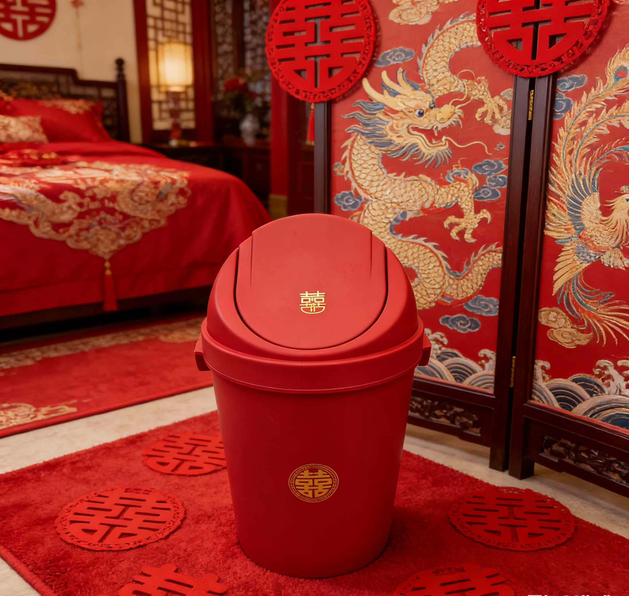 Wedding special double happiness character trash can, red with lid, living room and bedroom garbage storage bin, dowry bin details Picture
