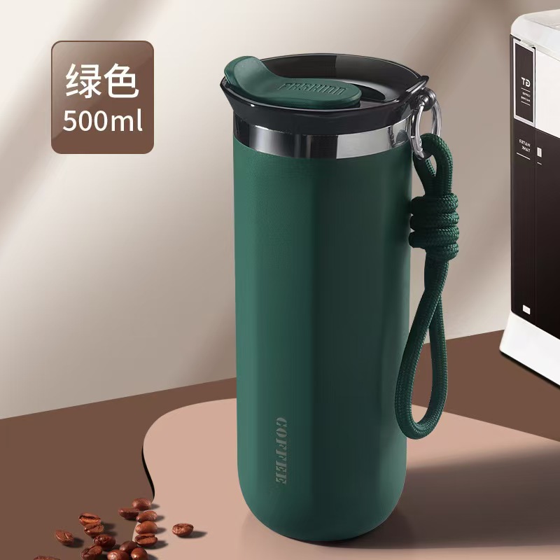 double-layer vacuum rope holding coffee cup 304 stainless steel vacuum cup outdoor portable sports kettle solid color water cup details Picture