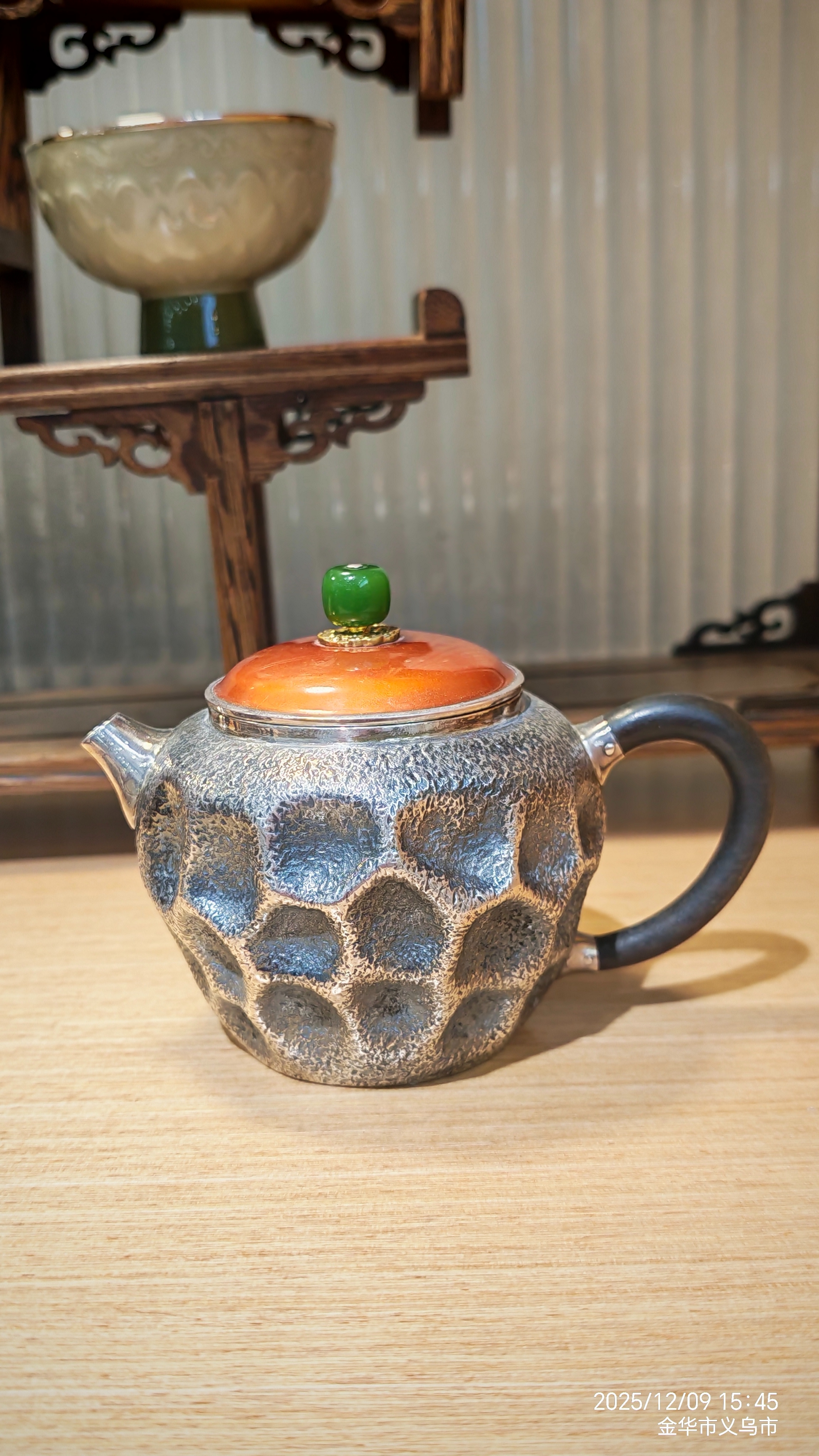 手作复古999纯银浮雕纹理茶壶红绿配色手柄茶具