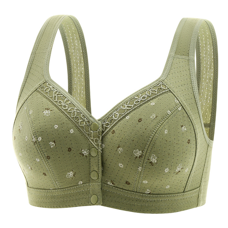 spring and summer plus size middle-aged and elderly underwear pure cotton wireless bra front row buttons lace trim printed vest bra Item Picture