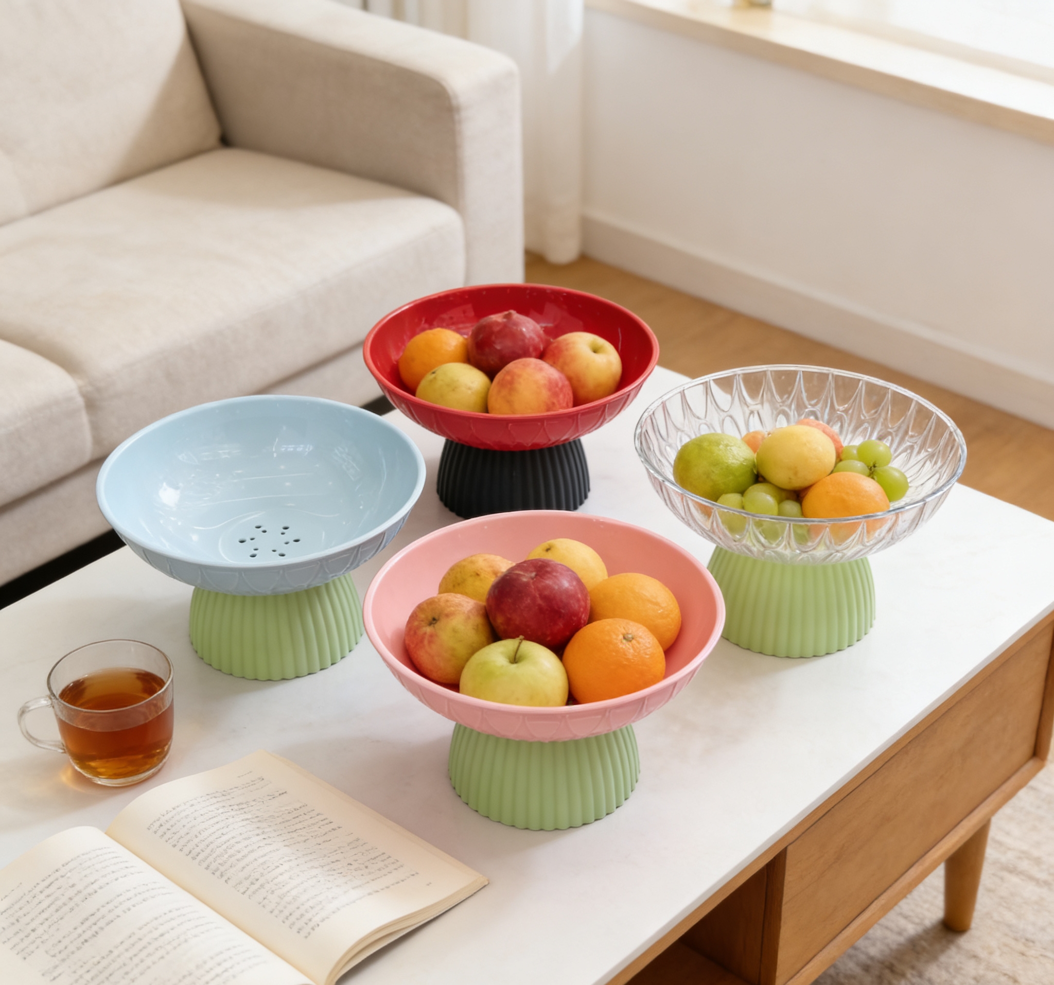 Color-blocking high-legged fruit platter set for living room coffee table, fruit and snack platter, creative pastry platter details Picture