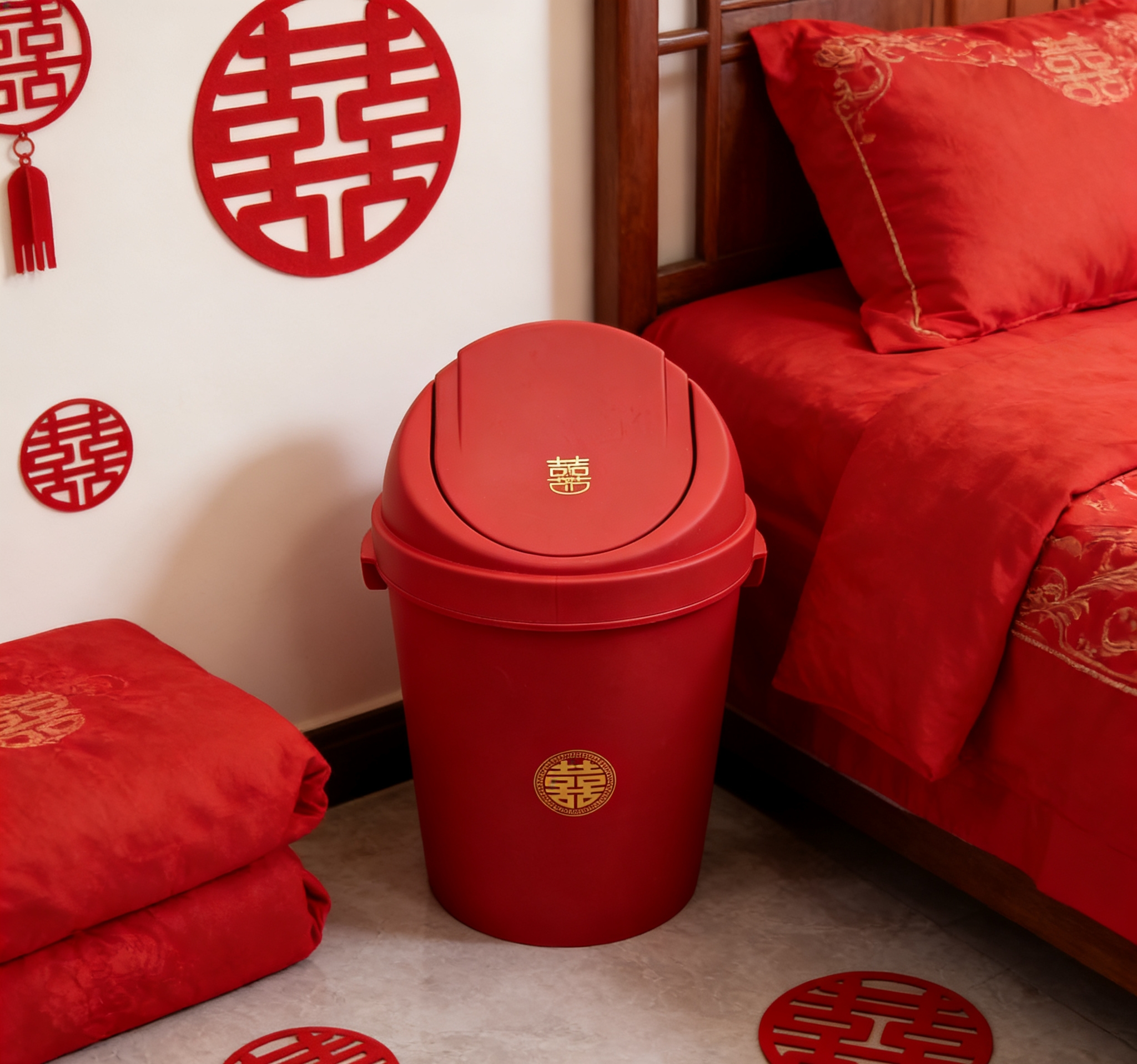 结婚专用囍字垃圾桶 红色带盖客厅卧室垃圾收纳桶陪嫁桶