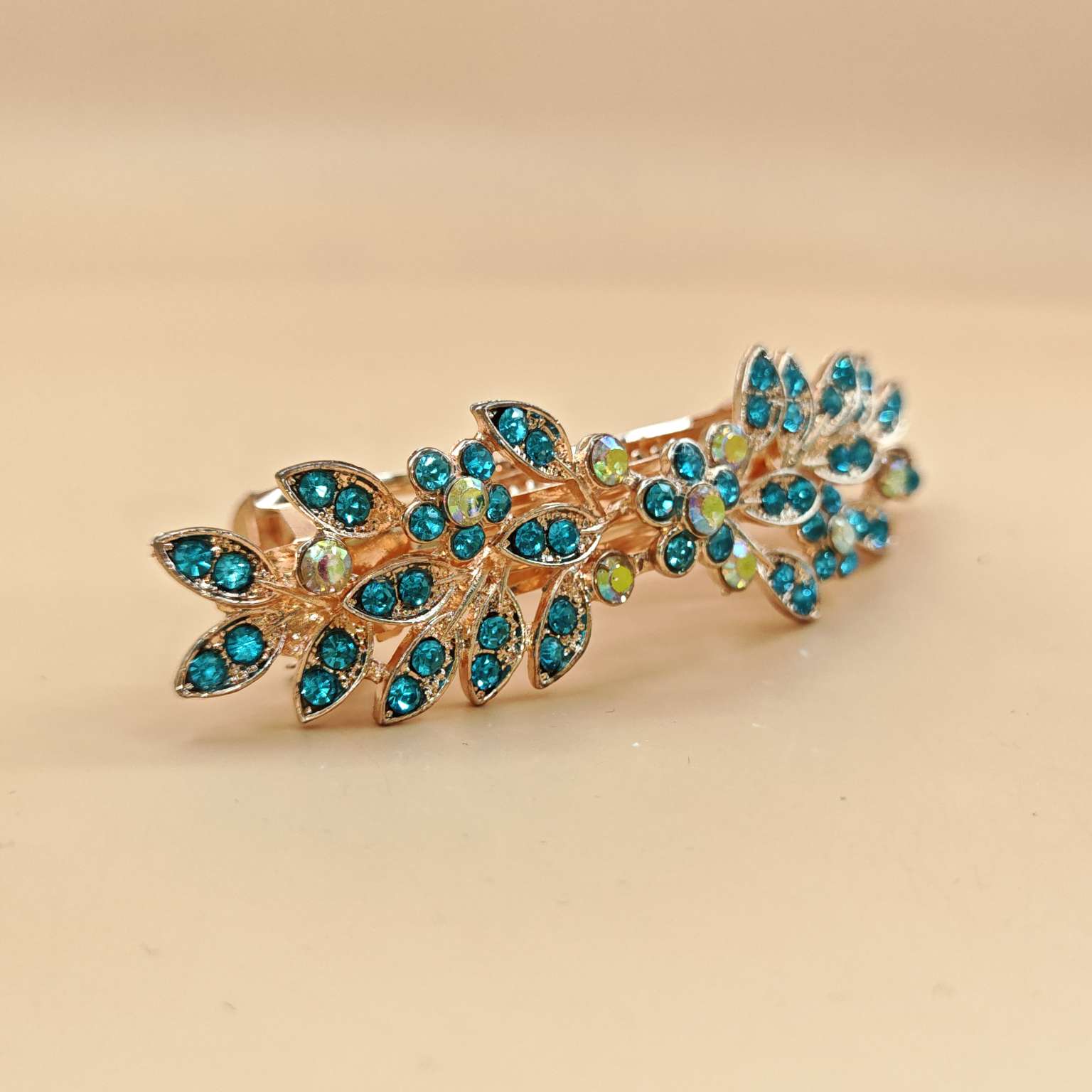 蓝钻枝叶合金发夹轻奢水钻弹簧夹优雅后脑勺发夹女新年礼物大号头发夹