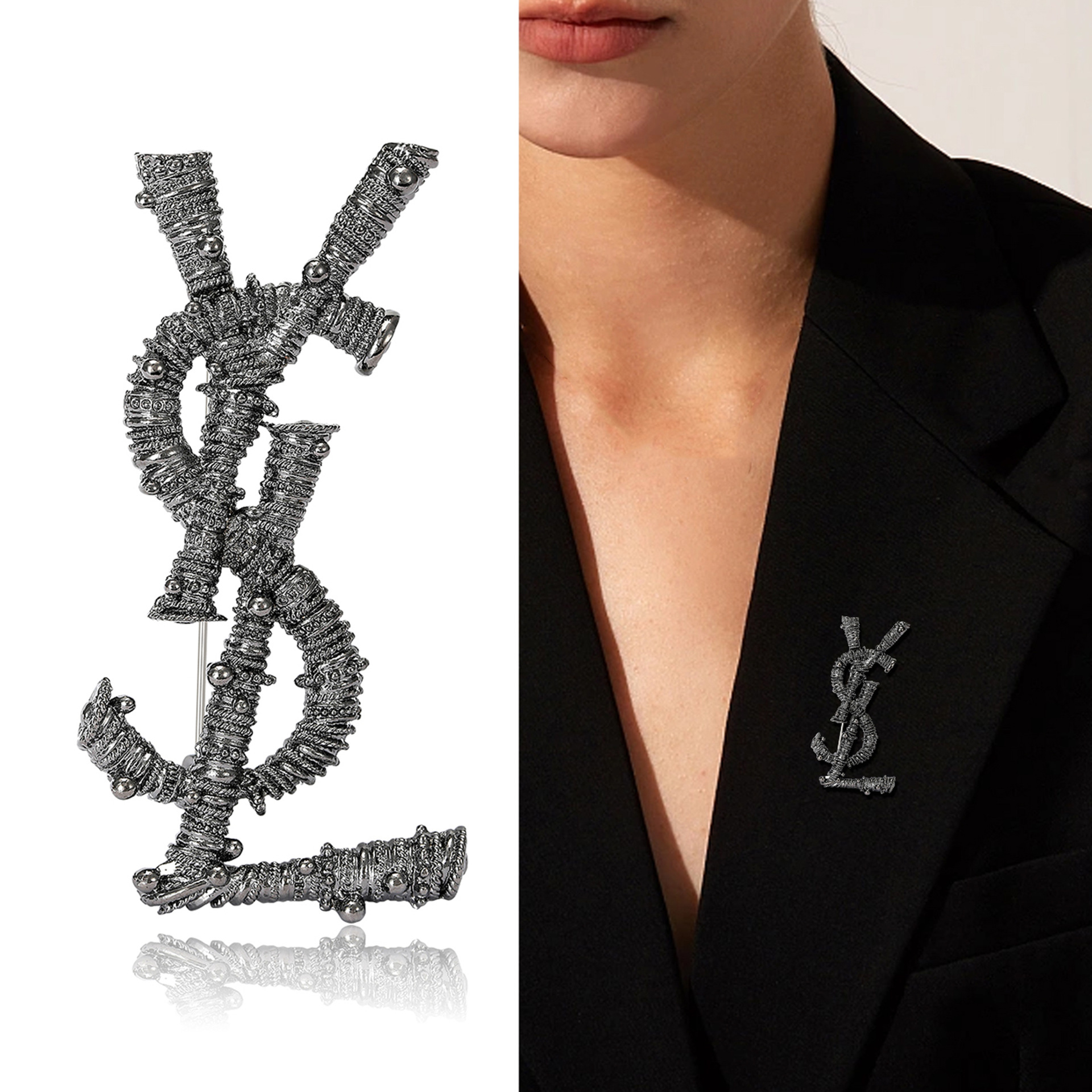 Retro European and American creative alloy letter brooch, high-end and elegant, simple dress, suit collar pin, personalized brooch Specification image